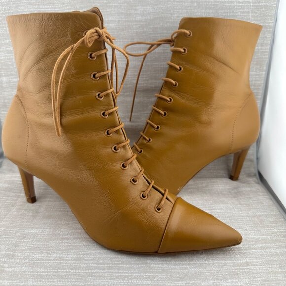 Zara Tan Pointed Toe Lace-Up Ankle Boot Women  EU 39 US 8 Made in Spain Side Zip - Picture 1 of 13